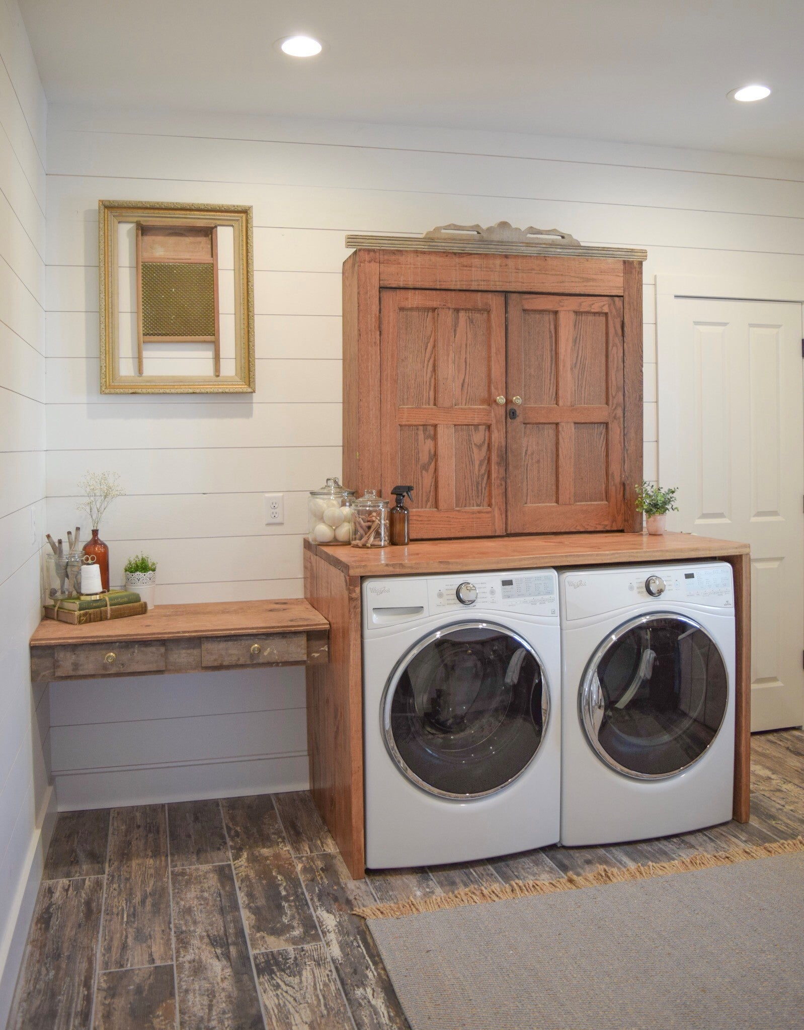 farmhouse laundry room brass hardware details