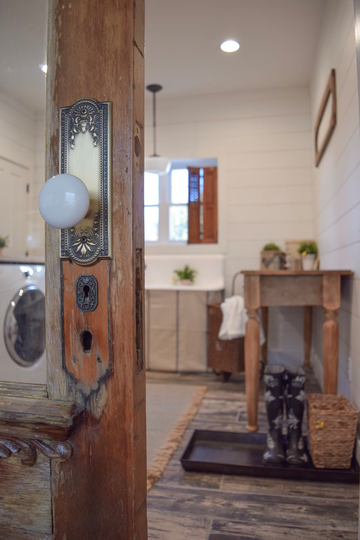 farmhouse laundry room vintage brass hardware porcelain knob