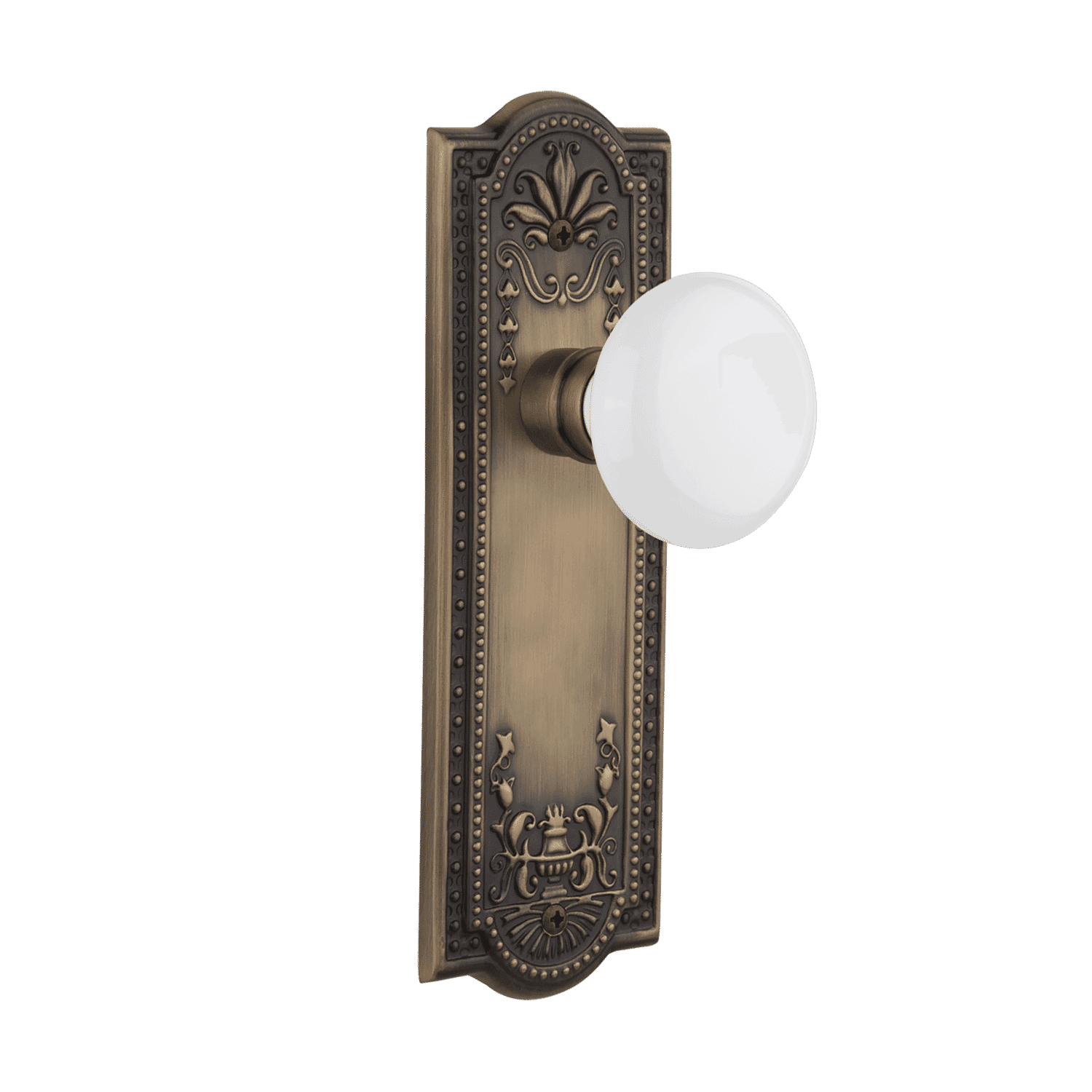 Meadows long plate with White Porcelain Knob in Antique Brass