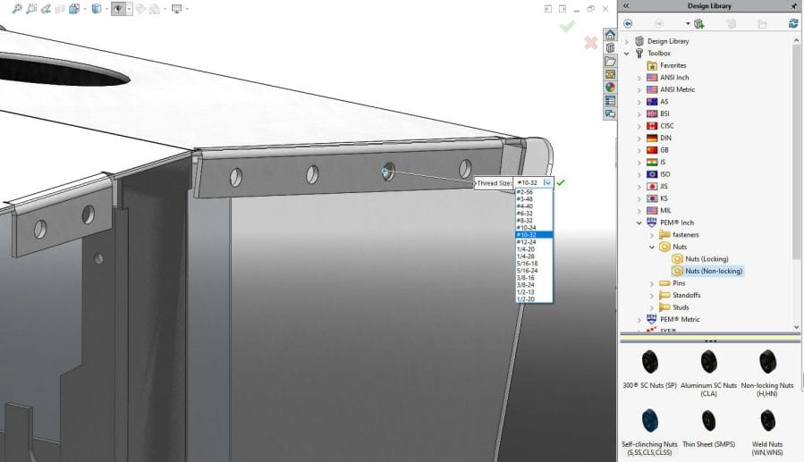 Drag-and-drop the fastener on the hole and it will snap into place. Select the desired thread specification from the list.