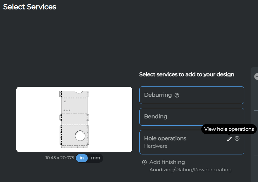 Here we can view and insert bends, hardware, and any other post-processing. 